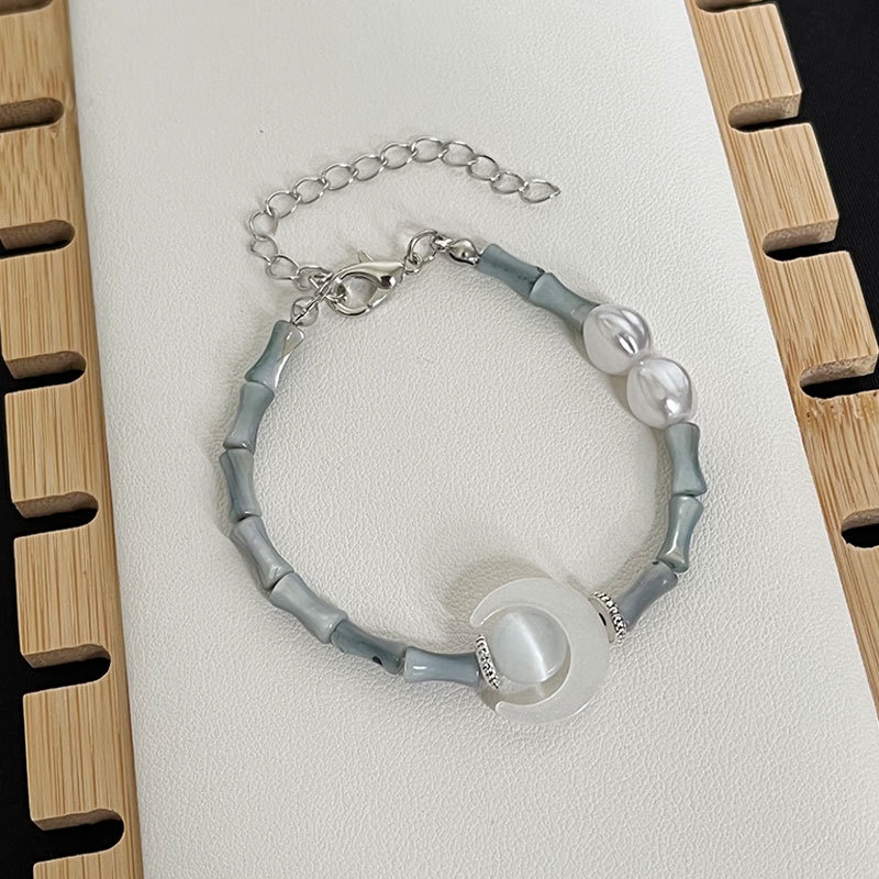 Vòng Đeo Tay Bằng Tre Đính Ngọc Trai Mặt Trăng Phong Cách Hàn Quốc Cổ Điển Dành Cho Nữ