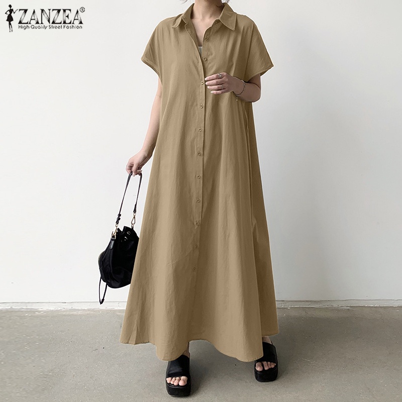 Áo liền quần ZANZEA tay ngắn màu trơn phong cách Hàn Quốc cho nữ