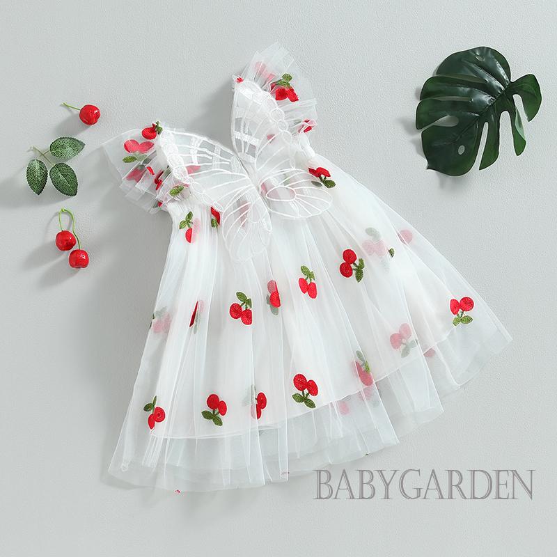 Đầm Công Chúa Mùa Hè Tay Cánh Bướm In Họa Tiết Cherry Bằng Vải Tulle Cho Bé Gái 6 Tháng-4 Tuổi
