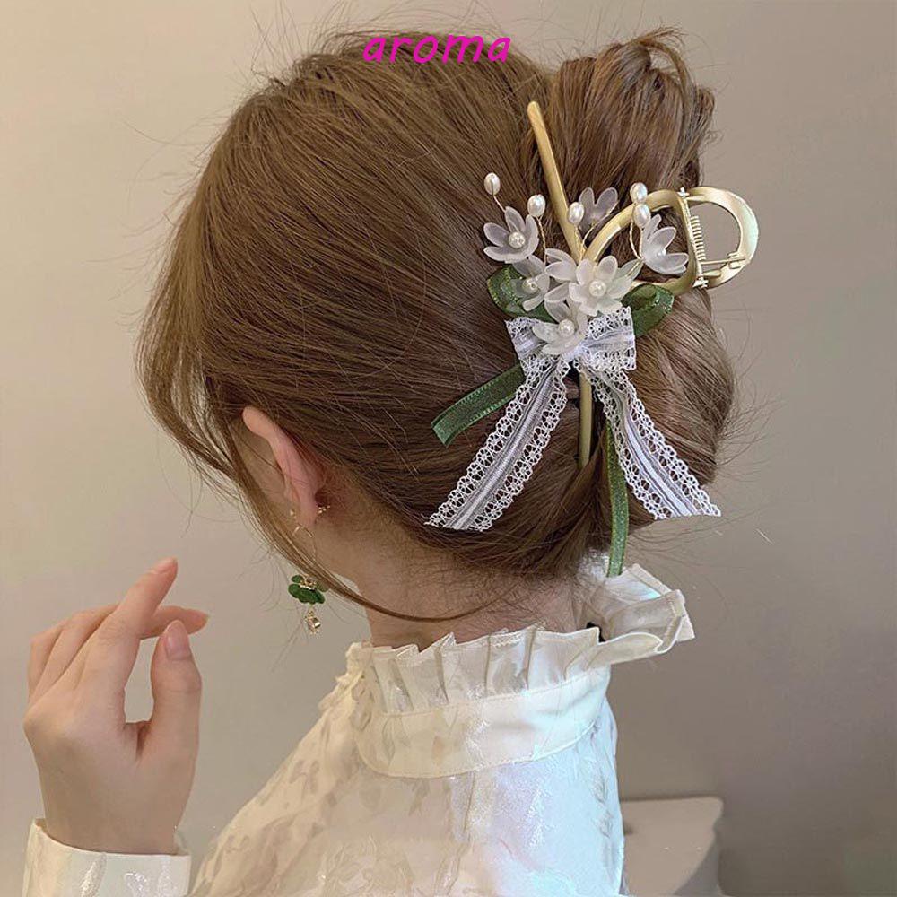 Kẹp Tóc Càng Cua Đính Nơ Phối Ren Rỗng Họa Tiết Hình Học Phong Cách Trung Hoa Ngọt Ngào Cho Nữ