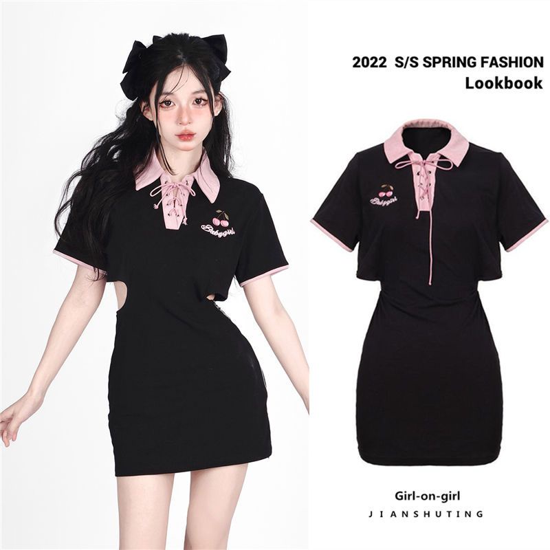 Đầm Ngắn Tay Thêu Họa Tiết Trái Cherry Xinh Xắn Dành Cho Nữ