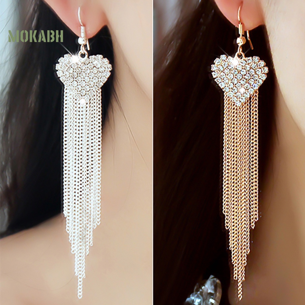 Bông Tai Dáng Dài Hình Trái Tim Phối Tua Rua Thời Trang Dự Tiệc Cho Nữ