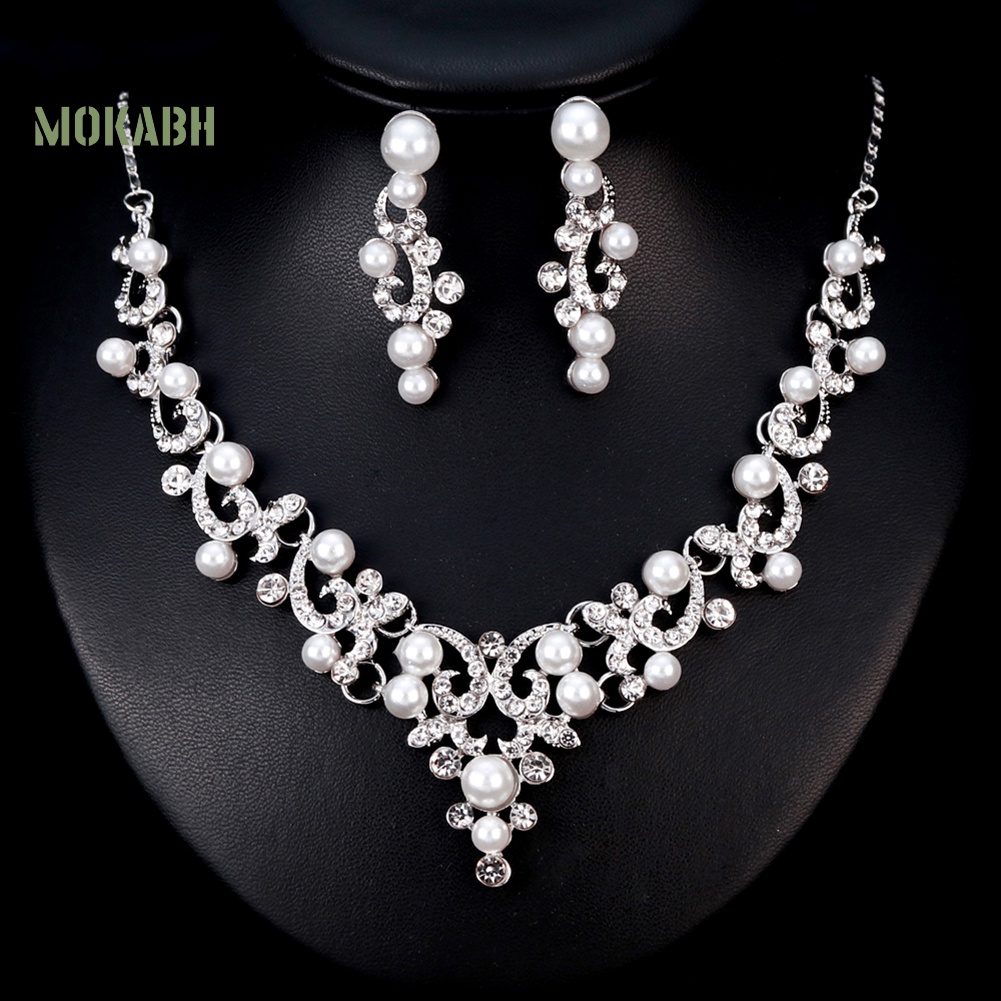 Bộ Vòng cổ + Bông Tai Đính Đá &amp; Ngọc Trai Giả Bằng Hợp Kim Thời Trang Cho Nữ