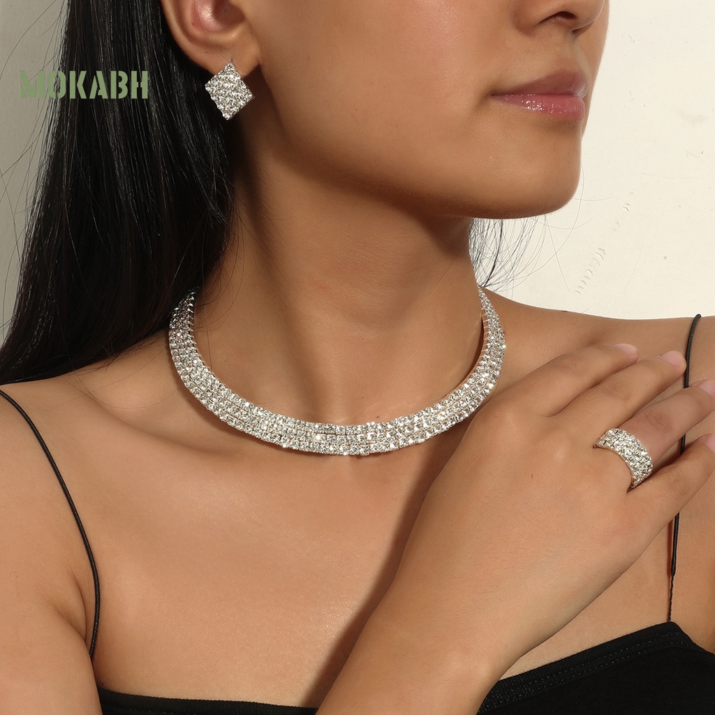 Bộ Trang Sức 4 Món Gồm Vòng cổ / Nhẫn / Bông Tai / Vòng Tay Mở Rộng Điều Chỉnh Được Nhiều Hàng Đính Đá