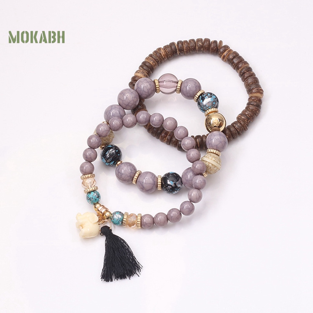 Bộ 3 Vòng Tay Chuỗi Hạt Gỗ Và Tua Rua Thời Trang Xinh Xắn