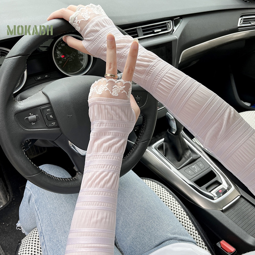 1 Cặp Găng Tay Vải Lụa Lạnh Phối Ren Lỗ Xếp Ly Thời Trang Mùa Hè