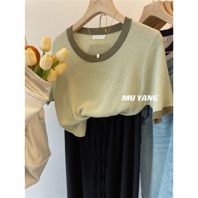 Áo Thun Dệt Kim Tay Ngắn Cổ Tròn Dáng Rộng Thời Trang Mùa Hè Cho Nữ