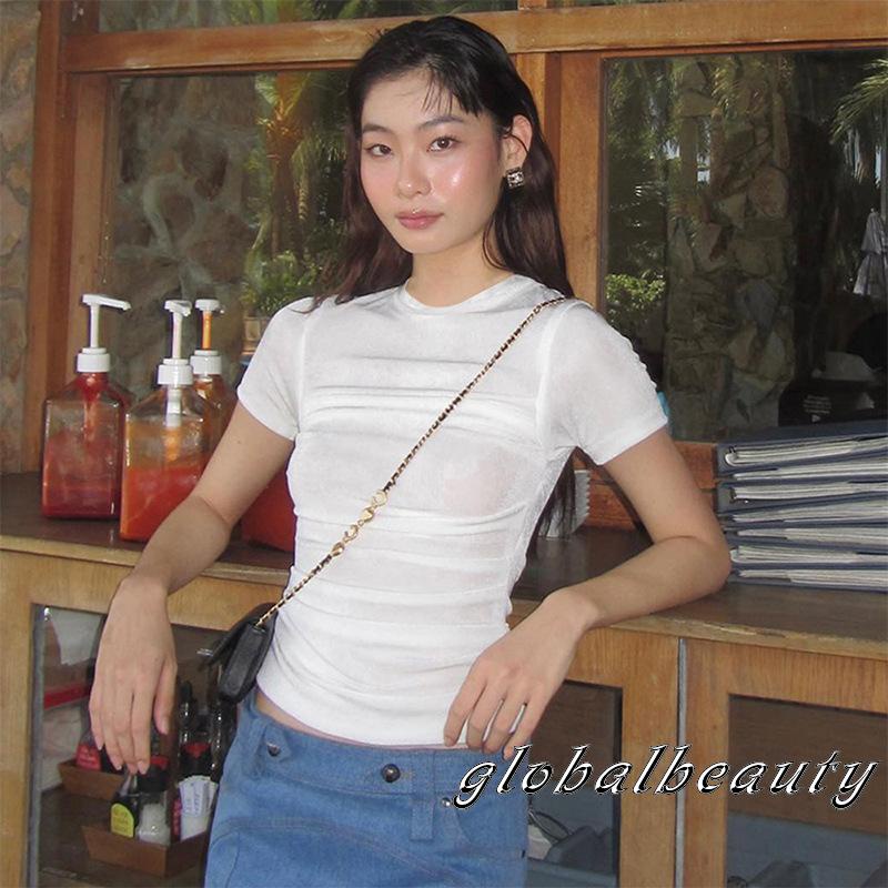 Áo Thun Ngắn Tay Cổ Tròn Xếp Ly Màu Trơn Thời Trang Mùa Hè Cho Nữ