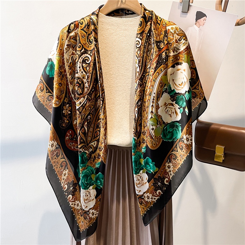 Khăn Choàng Cổ Hình Vuông Cỡ Lớn 110cm Vải Satin Họa Tiết Chấm Bi Màu Đen Thời Trang Mùa Hè Thanh Lịch