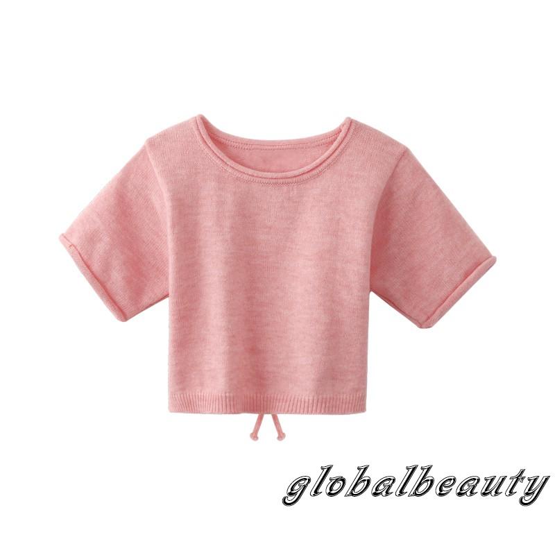 Áo Thun Crop Top Dệt Kim Tay Ngắn Cổ Tròn Hở Lưng Màu Sắc Đơn Giản Cho Nữ