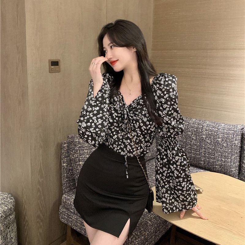COZOK Áo Kiểu Tay Phồng Cổ Vuông Dáng Ôm In Hoa Thời Trang Quyến Rũ Cho Nữ