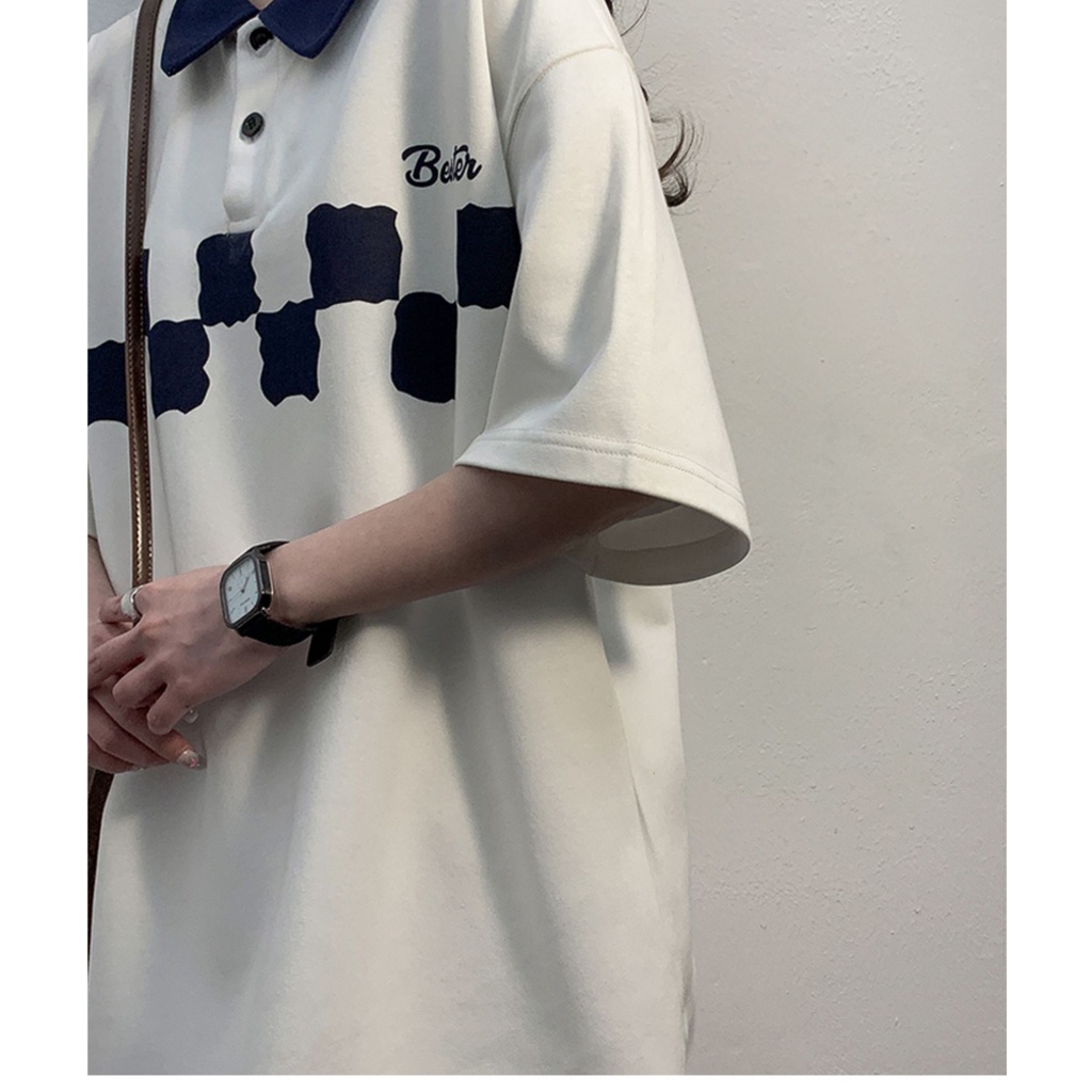 Áo Thun polo Tay Ngắn Dáng Rộng Bằng Cotton Tinh Khiết Mỏng Nhẹ Họa Tiết Kẻ Ô Cho Mùa Hè