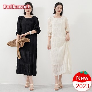 Đầm midi chiffon Hai Lớp Tay Ngắn Cổ Tròn Dáng Rộng Màu Trơn Thời Trang Mùa Hè 2023 Cho Nữ