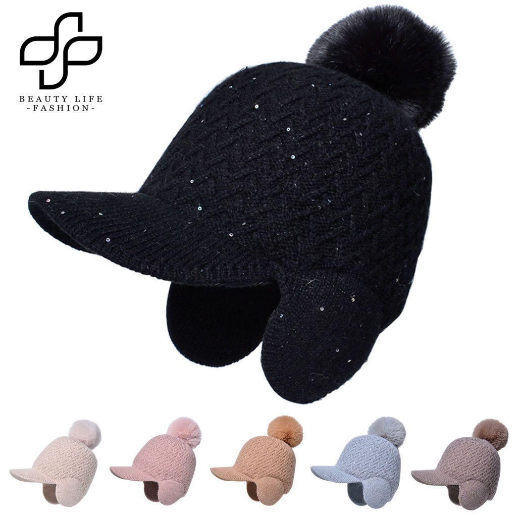 Nón Bóng Chày Dệt Kim Vành Rộng Màu Trơn Giữ Ấm Mùa Đông Cho Nữ