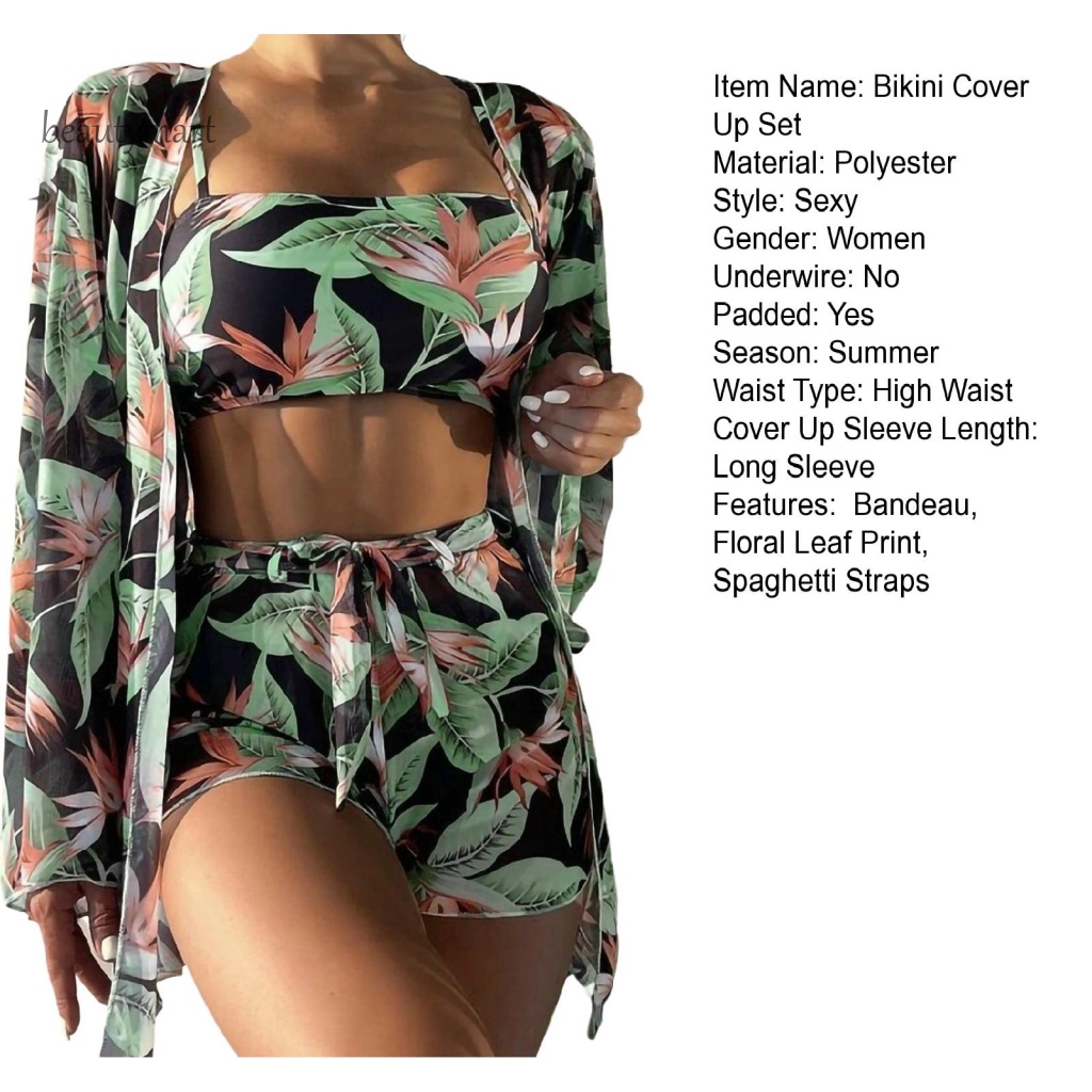 Bộ Đồ Bơi 3 Mảnh Gồm Áo Cardigan Dây Đeo + Quần Short Lưng Cao + Áo Ngực In Họa Tiết Hoa Lá Tùy Chỉnh Thời Trang Đi Biển Cho Nữ