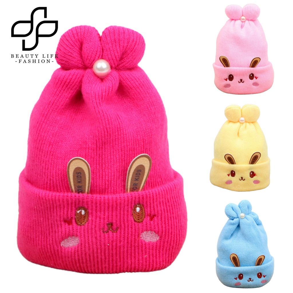 Mũ Beanie Dệt Kim Dày Dặn Đính Ngọc Trai Giả Thêu Hình Tai Thỏ Dễ Thương Thời Trang Thu Đông Cho Bé 0-6 Tháng Tuổi
