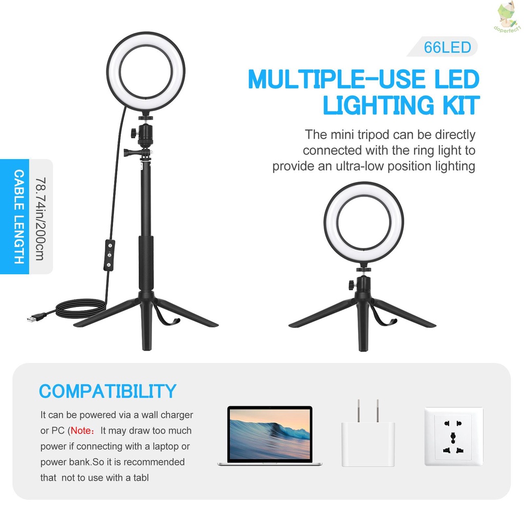 2-Pack Desktop USB LED Video Lights Kit with 2 * Dimmable 6 Inch LED Ring Light 5600K + 2 * Extendable Tripod + 2 * Flex   Came-6.5