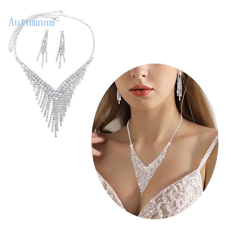 1 Set Vòng cổ Và Bông Tai Dát Kim Cương Giả Thời Trang Đám Cưới