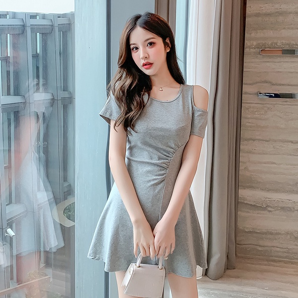 Đầm Chữ A Tay Ngắn Hở Vai Màu Trơn Đơn Giản Thời Trang Mùa Hè Phong Cách Hàn Quốc Cho Nữ