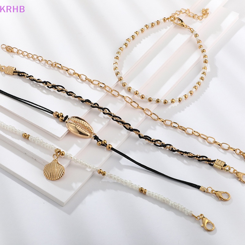 Set 5 Lắc Chân Nhiều Lớp Đính Hạt Vỏ Sò Phong Cách Boho Thời Trang Đi Biển Mùa Hè Cho Nữ Mới