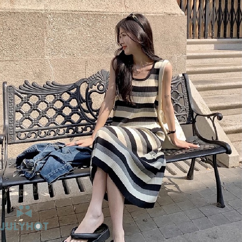 phụ nữ Đan Sọc Đầm O-cổ không tay Tank mùa hè staight Casual Streetwear Maxi Dress jhs