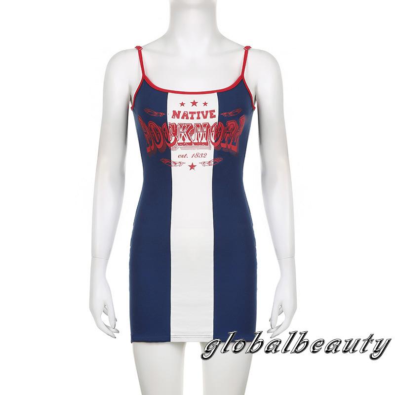 Đầm Hai Dây Ôm Dáng Màu Sắc Tương Phản In Chữ Thời Trang Mùa Hè Cho Nữ