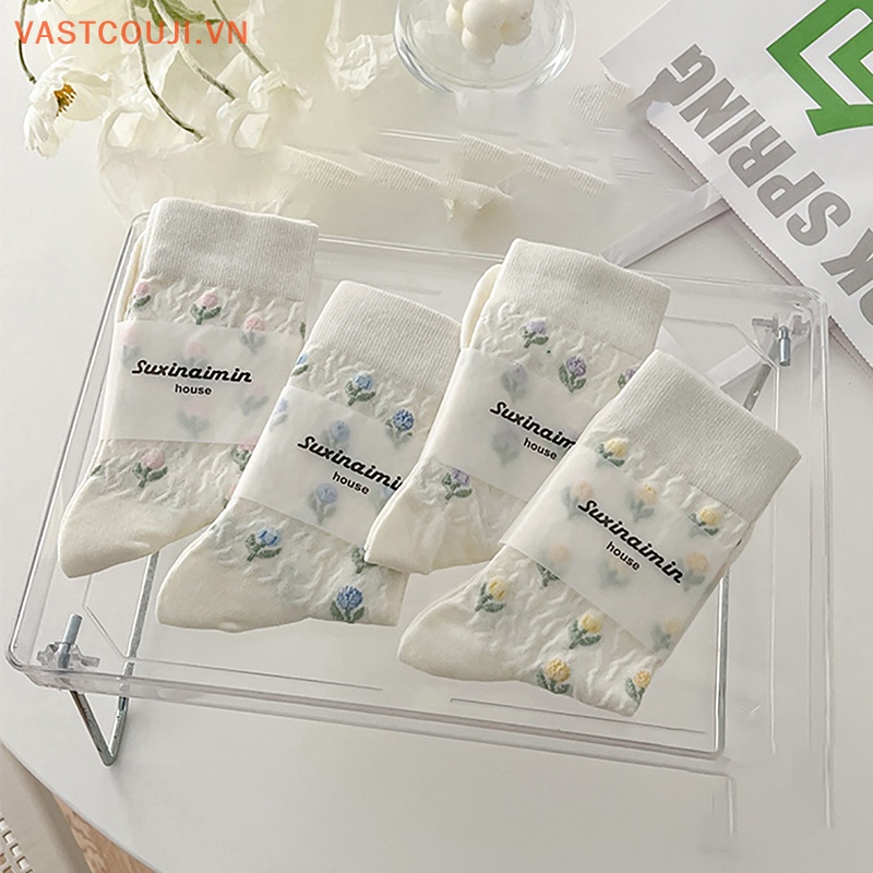 1 Đôi Tất Cotton Trắng In Hình Hoa Tulip Phong Cách Harajuku Nhật Bản Đáng Yêu Cho Nữ