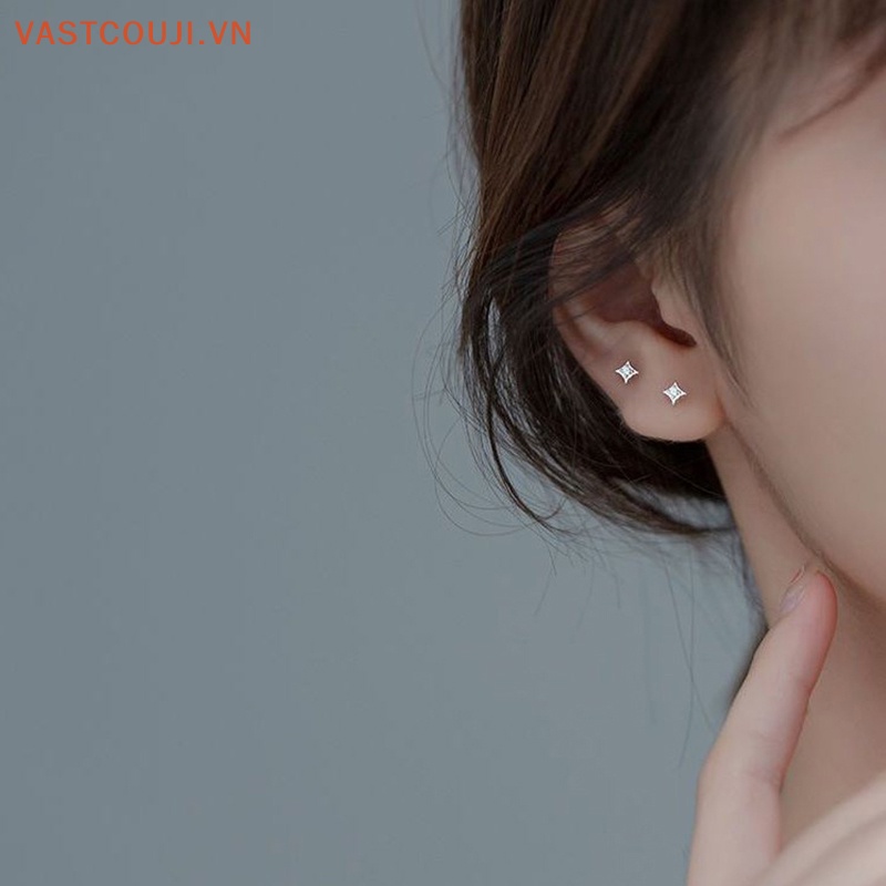 Khuyên Tai Bạc Hình Ngôi Sao Bốn Cánh Đơn Giản Cho Nữ