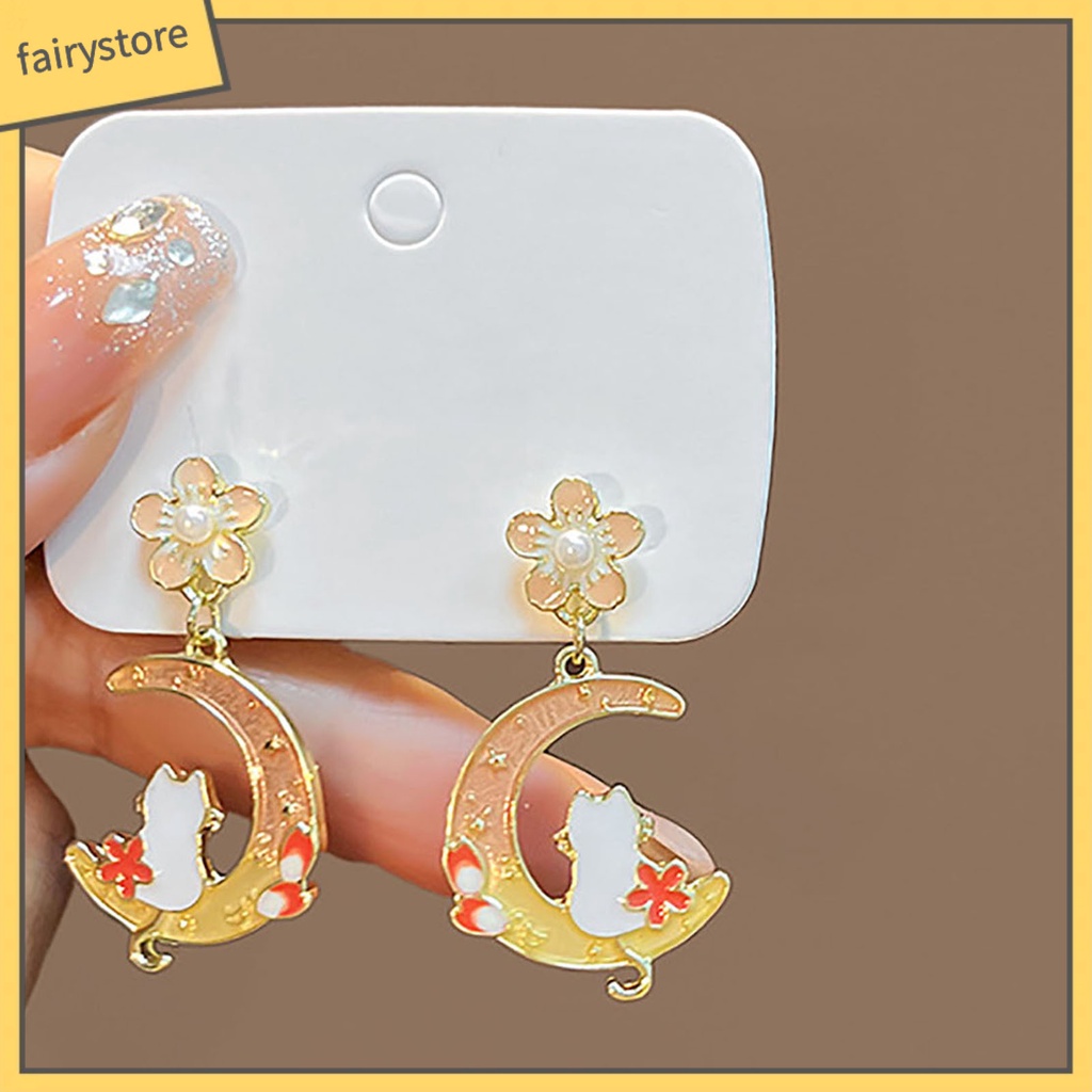 1 Đôi Bông Tai Xỏ Lỗ Mạ Điện Họa Tiết Hoa / Mặt Trăng / Thỏ / Hình Học Đơn Giản Thời Trang Dành Cho Nữ