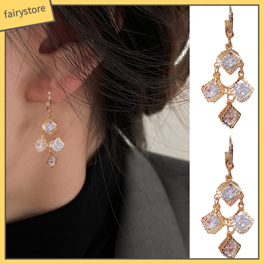 1 Đôi Bông Tai Hình Vuông Đính Đá Lấp Lánh Dành Cho Nữ