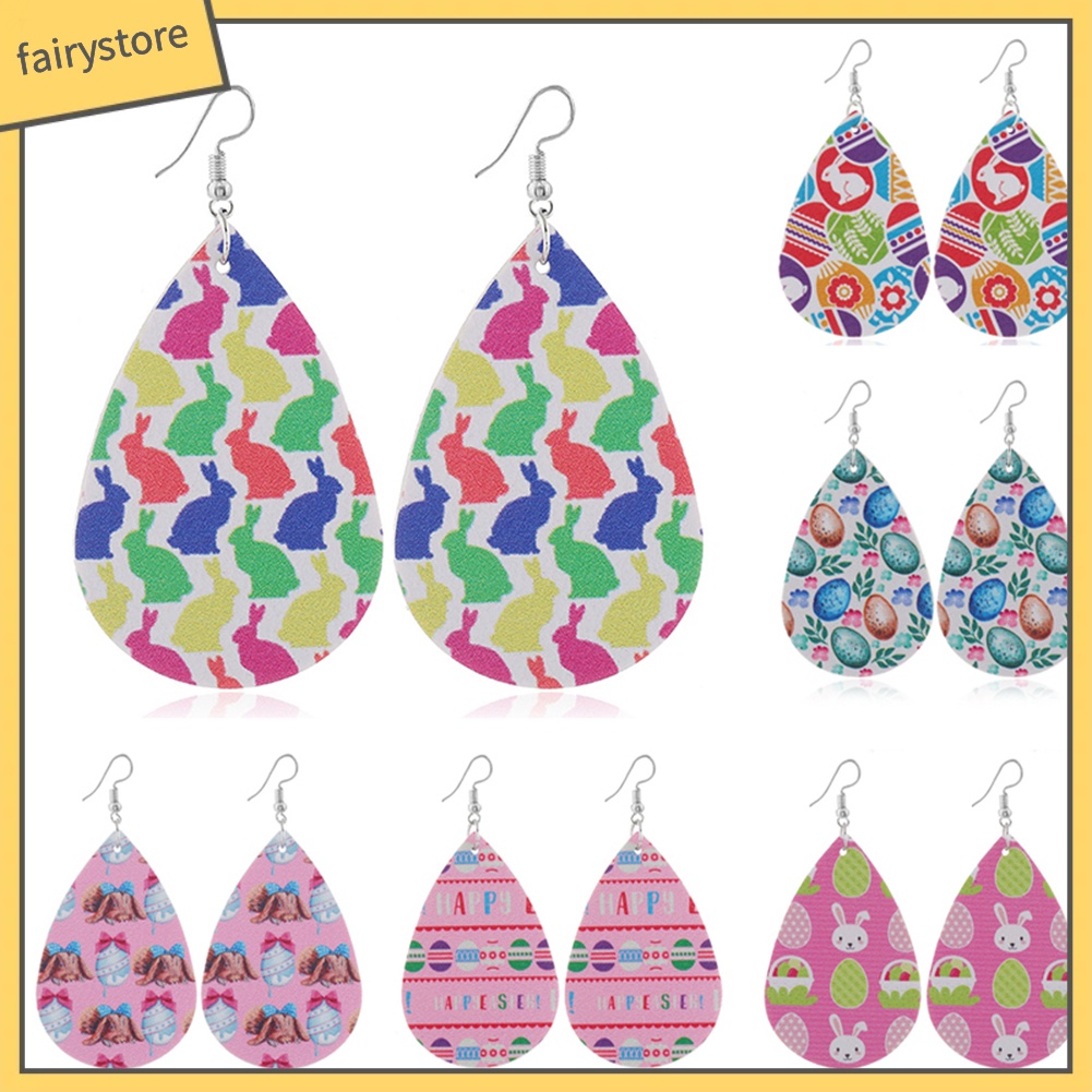 Bông Tai Giả Da Hình Giọt Nước Họa Tiết Thỏ Phục Sinh Dành Cho Nữ