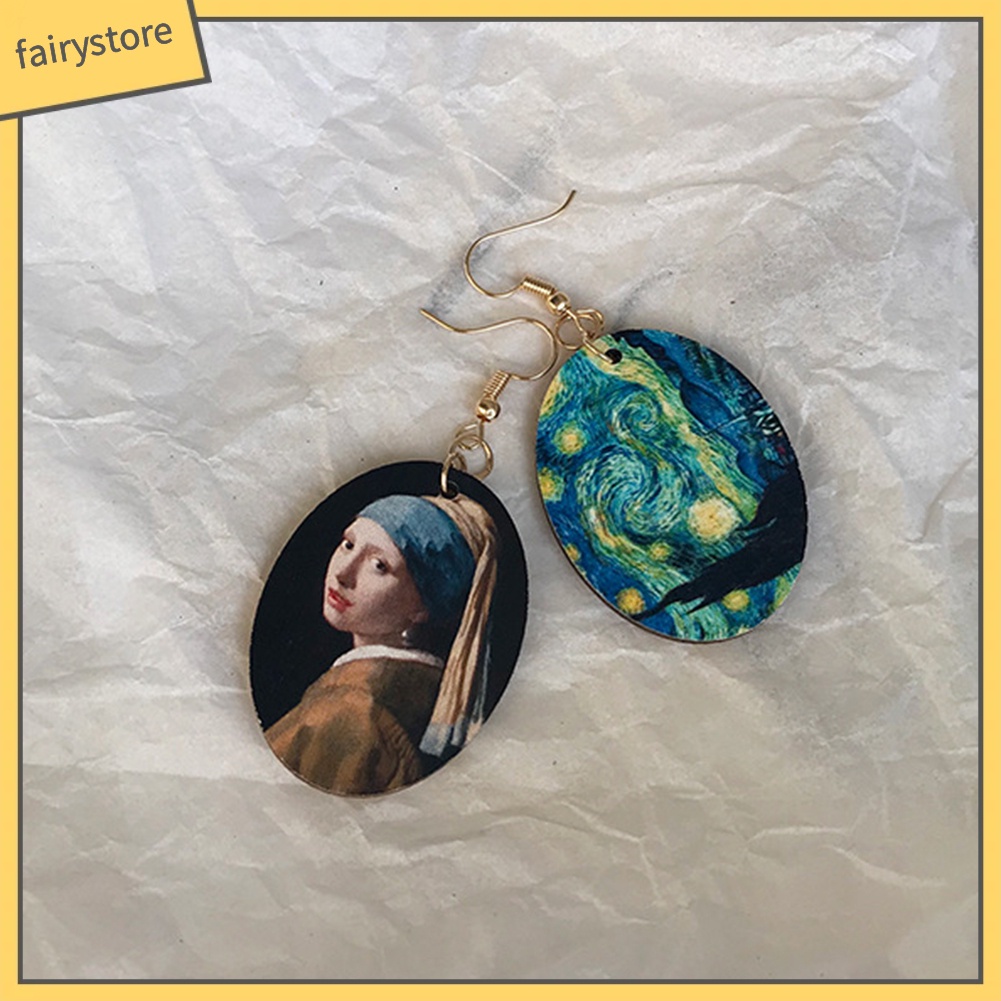 [FRO] Khuyên Tai Móc Bằng Gỗ Tráng Men Họa Tiết Tranh Sơn Dầu Không Đối Xứng Nich