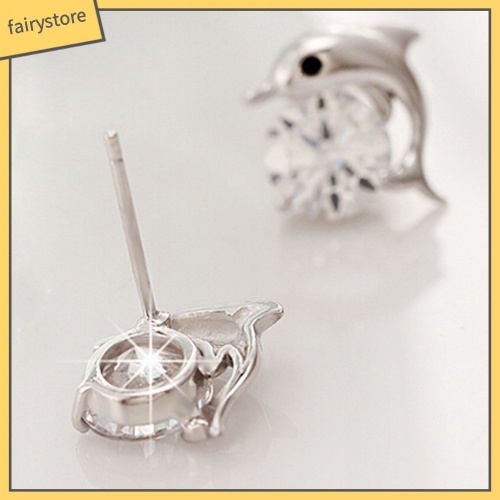 Bông Tai Xi Mạ Bạc Hình Cá Heo Đính Đá Zircon Dễ Thương