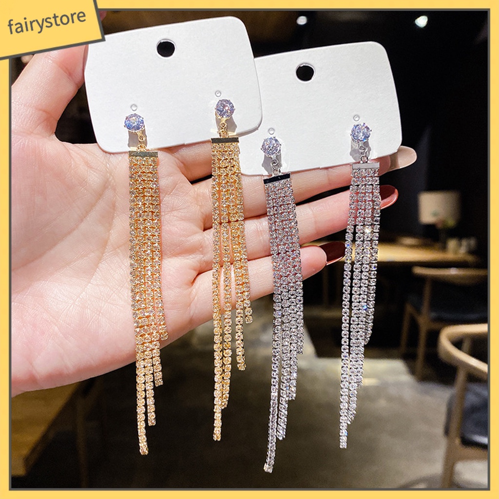 1 Đôi Bông Tai Dáng Dài Đính Đá Lấp Lánh Thời Trang Cho Nữ