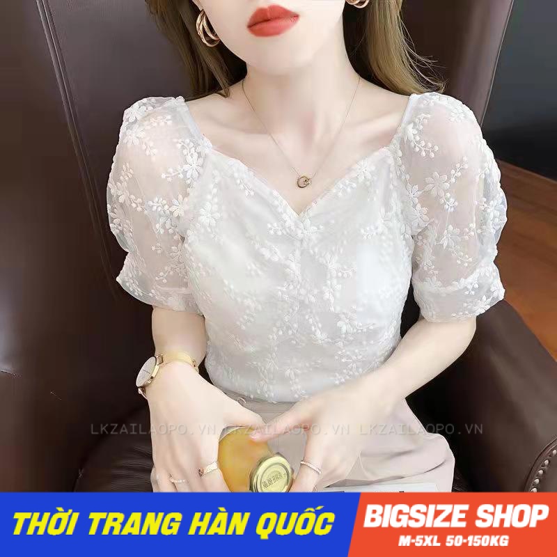 Áo sơ mi nữ tay ngắn Bigsize Áo ren tiểu thư kiểu dáng ôm cổ vuông trắng mùa hè Phong cách Hàn Quốc Thời Trang đẹp