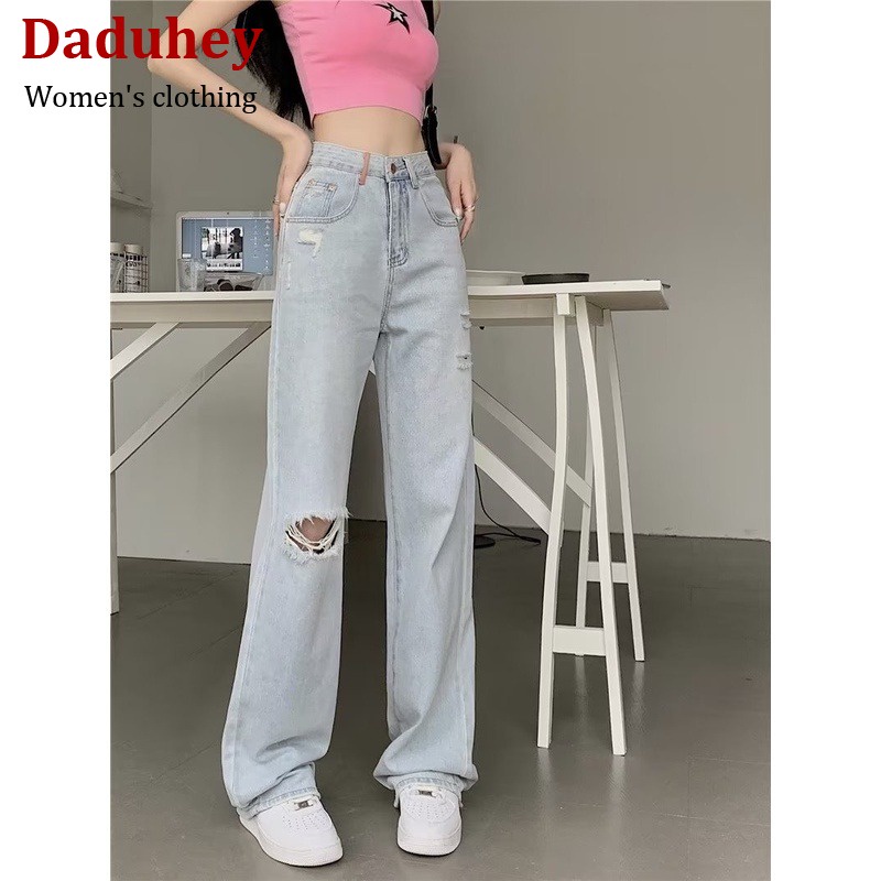 Quần jean nữ DaDuHey rách lỗ màu sáng ống rộng lưng cao niche ins Mỹ