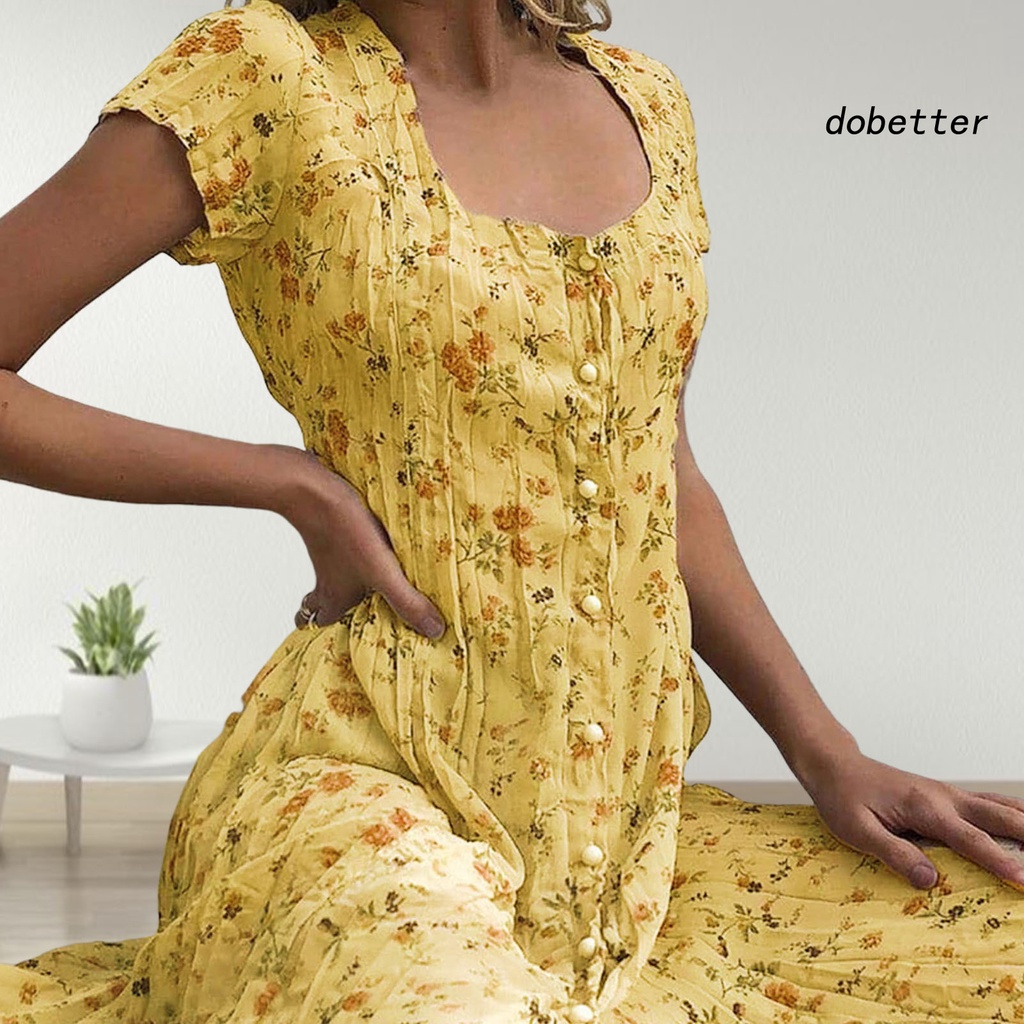 [DO] Đầm Maxi Tay Ngắn In Hoa Viền Lớn Cài Một Hàng Nút Thanh Lịch Mùa Hè Cho Nữ