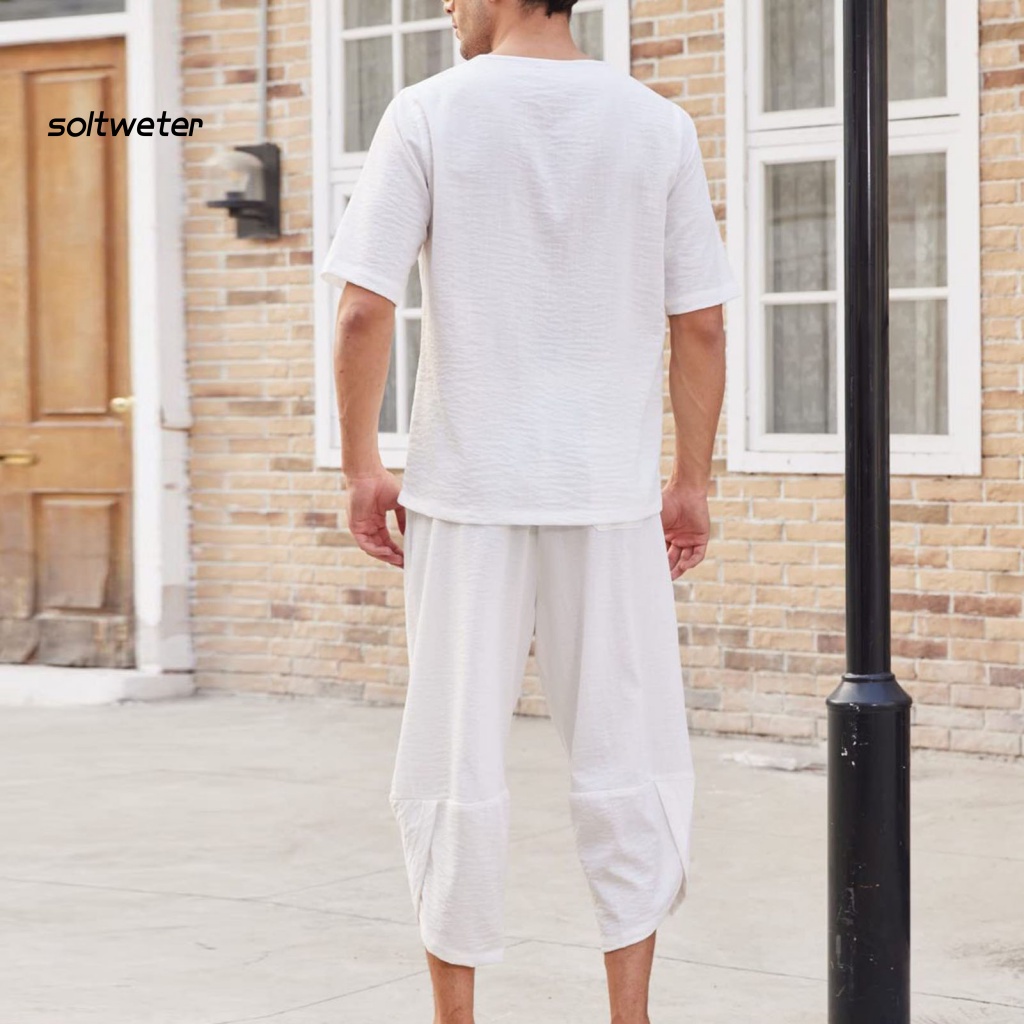 Set Đồ Mùa Hè 2 Món Gồm Áo Thun Cổ Chữ V Lưng Thun + Quần Dài Màu Trơn Cho Nam