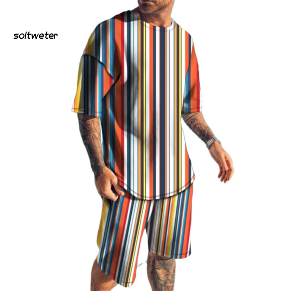 Set Đồ Mùa Hè 2 Món Gồm Áo Thun Tay Cộc Cổ Tròn Có Túi In Họa Tiết Kẻ Sọc 3D + Quần Shorts Cho Nam