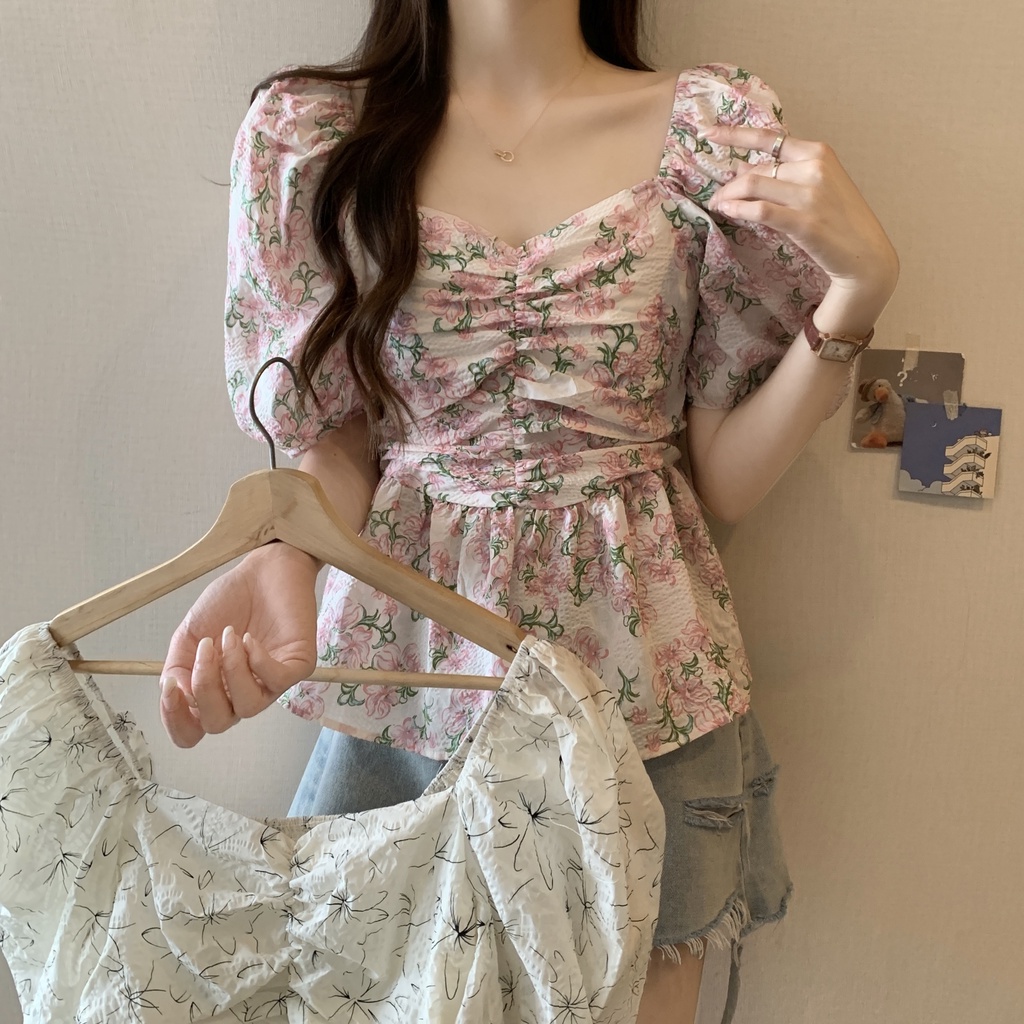 SUXI Áo Kiểu Cổ Vuông Tay Phồng Xếp Ly Dáng Ôm In Họa Tiết Thời Trang Mùa Hè Xinh Xắn Cho Nữ