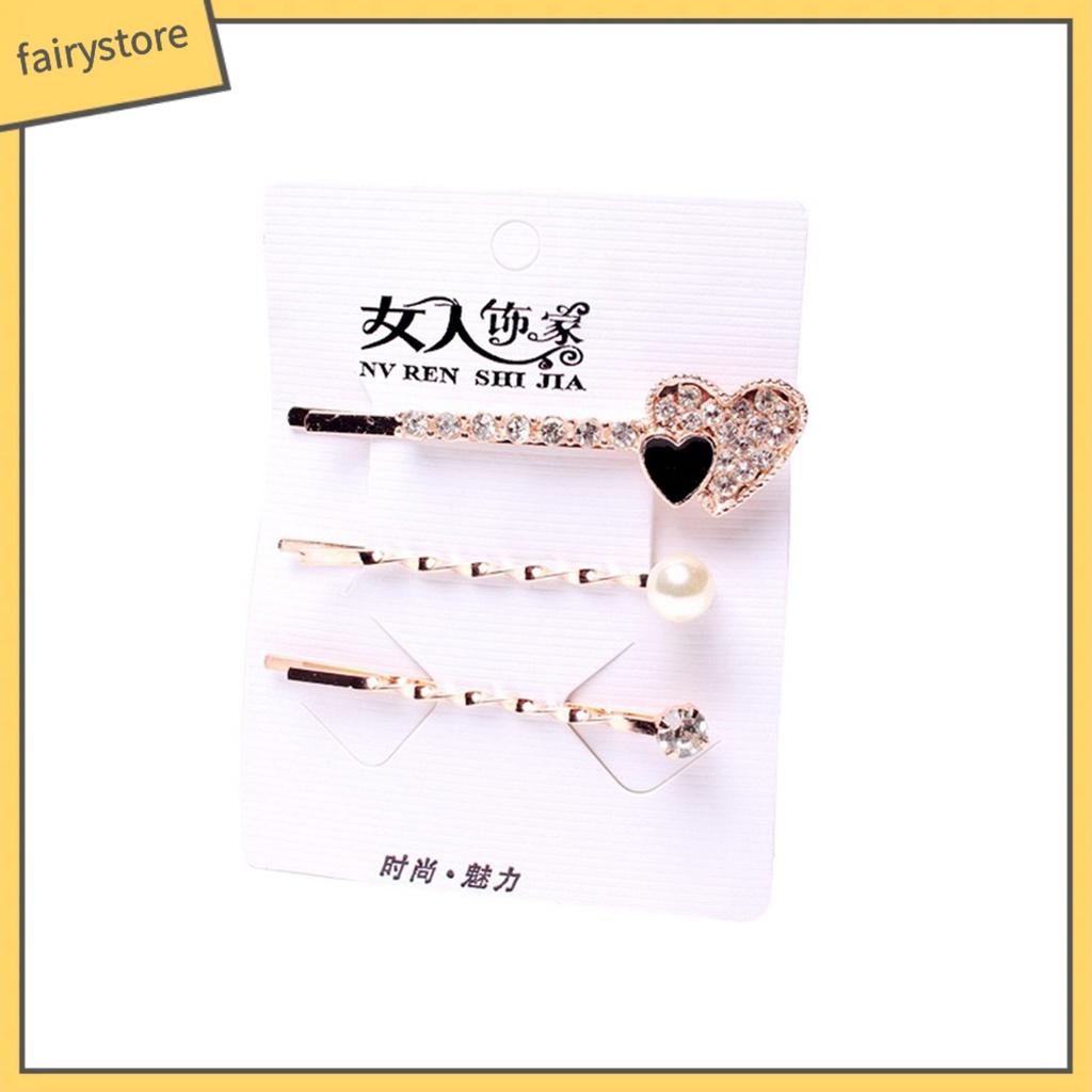 Bộ 3 Kẹp Tóc Đính Đá Họa Tiết Trái Tim / Hình Vuông Thời Trang