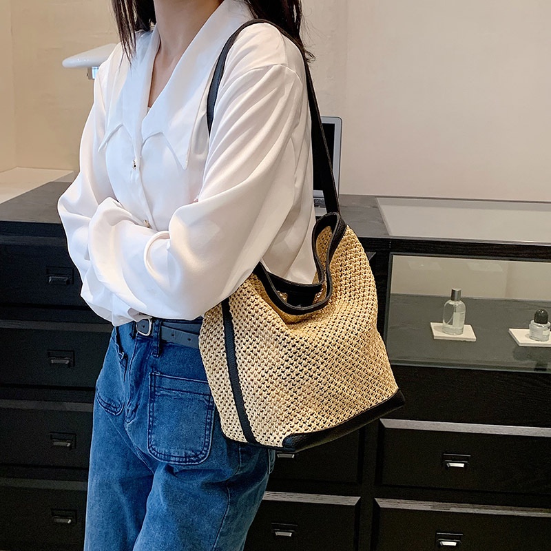 Túi Xách Đan Cói Sức Chứa Lớn Màu Sắc Tương Phản Phong Cách retro Mùa Hè Cho Nữ