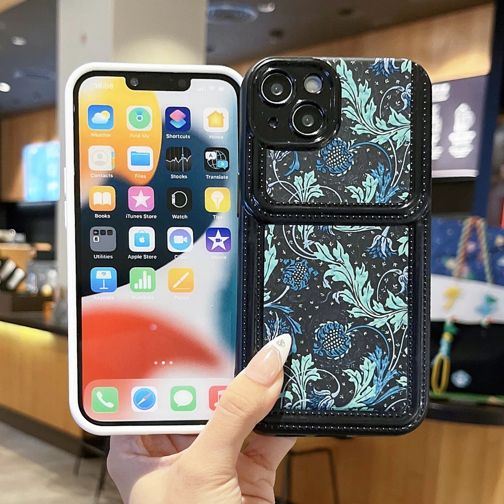 Ốp Điện Thoại TPU Silicon Mềm Chống Sốc In Họa Tiết Hoa Có Ngăn Đựng Thẻ Bảo Vệ Ống Kính Máy Ảnh Cho iPhone 14 13 12 11 PRO MAX