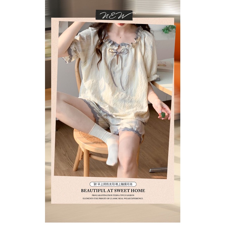 Bộ Đồ Ngủ Áo Tay Ngắn Phồng Cổ Tròn + Quần Short Vải Cotton Thời Trang Mùa Hè 2023 Mới Cho Nữ