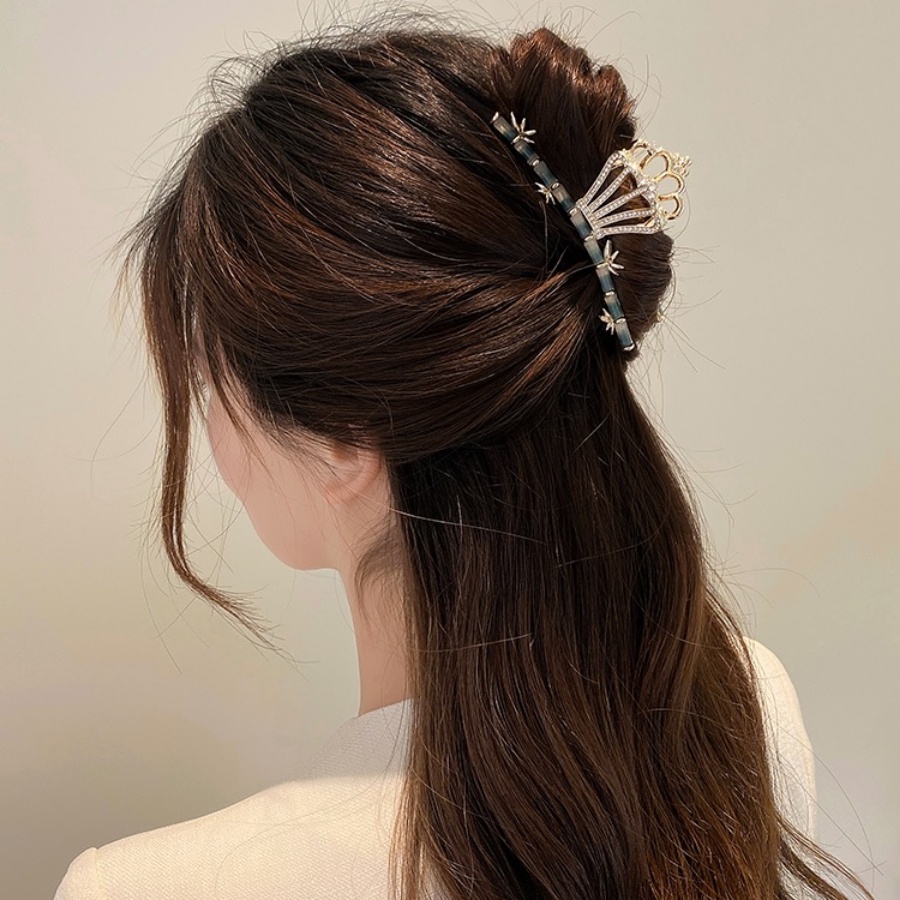 Kẹp Tóc Đuôi Ngựa Hình Vương Miện Bằng Tre Và Hợp Kim Đính Đá Pha Lê Phong Cách