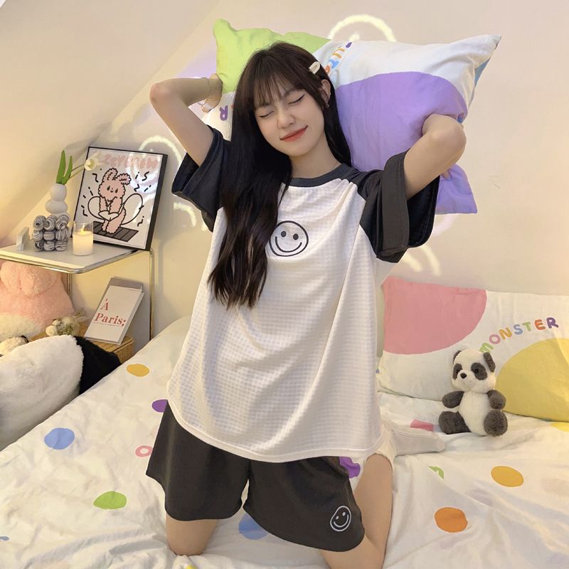 Bộ Đồ Ngủ Ngắn Tay Dáng Rộng In Hoạt Hình Mặt Cười Waffle Dễ Thương Thời Trang Mùa Hè Cho Nữ