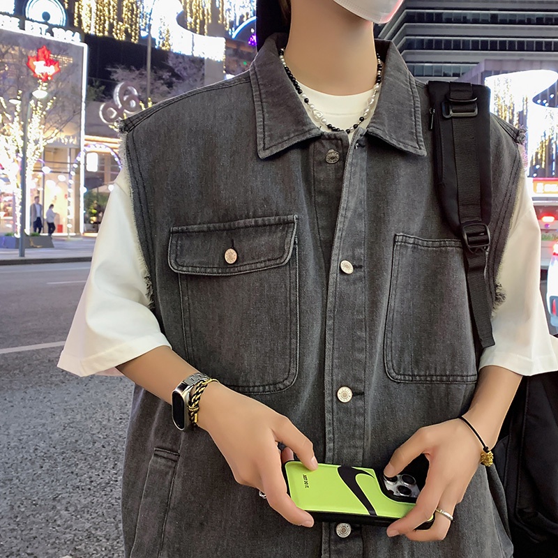 Áo Khoác Denim Sát Nách Phối Túi Phong Cách Retro Cho Nam