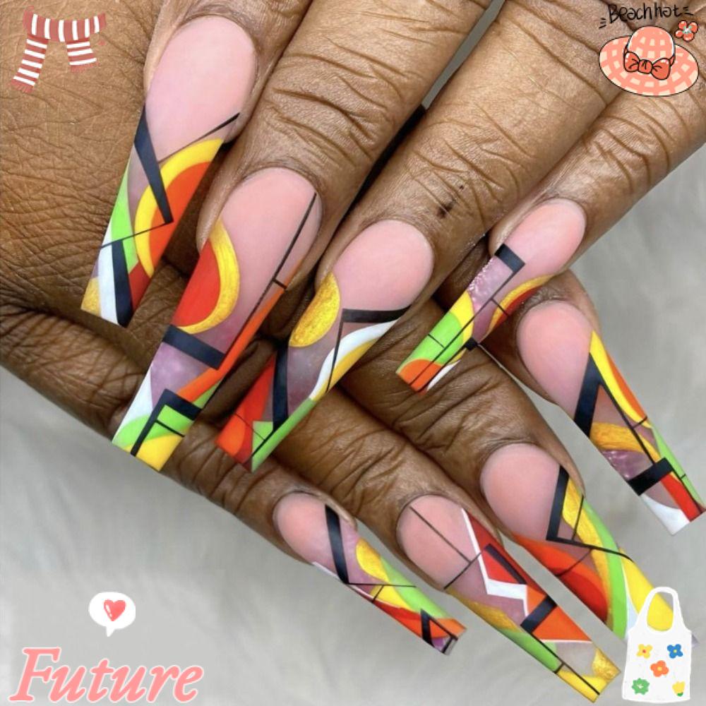 Bộ Móng Tay Giả Dạng Nhấn Họa Tiết Sọc Cầu Vồng Hình Trái Tim DIY