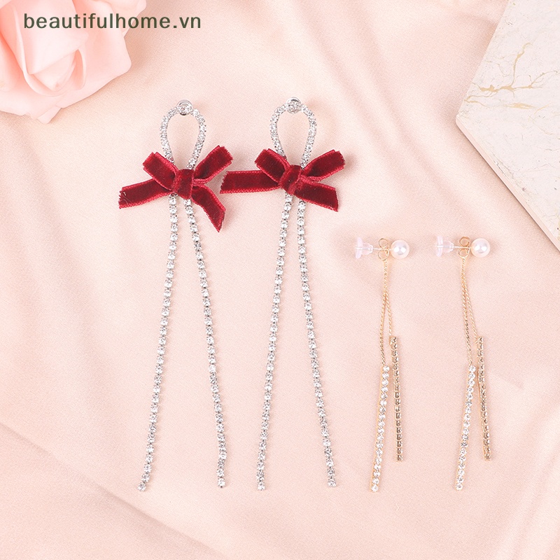 [beautifulhome] Bông Tai Kim Loại Dài Tua Rua Hình Nơ Đen Lấp Lánh Pha Lê Sáng Bóng [beauty]