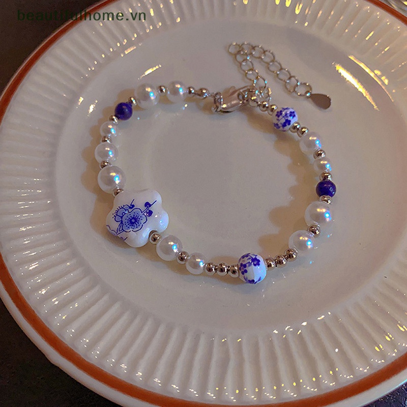 [beautifulhome] Vòng Tay Hoa Sứ Trắng Xanh Trung Quốc Thời Trang Phụ Kiện Trang Sức [beauty]
